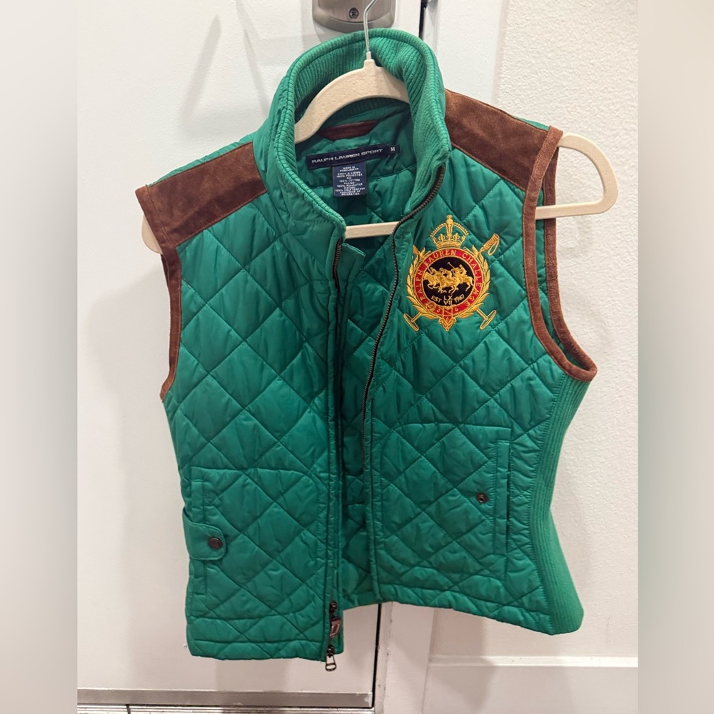 Ralph Lauren Green Quilted Vest with Brown Trim